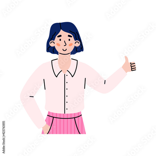 Young confident woman holding thumb up, cartoon vector illustration isolated.