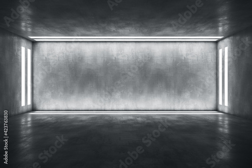 Stylish room with concrete wall with copyspace framed by led lights on four sides. 3D rendering, mockup © Who is Danny