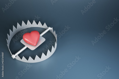 Heart trap concept with red heart in metallic trap on dark background with copyspace. 3D rendering, mock up photo