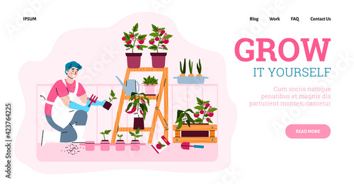 Website with man growing plants in balcony garden, cartoon vector illustration.