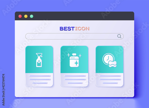 Set Clean cooking pot, Cleaning spray bottle and Washing dishes icon. Vector
