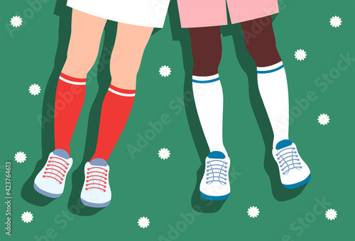 Springtime Vector illustration in top view Flat design Female and man legs in cool high socks and sneakers on blooming field with daisy flowers