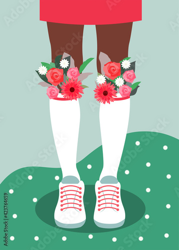Hello spring Vector illustration in flat design  Female legs in sneakers and high socks with flowers on blooming field