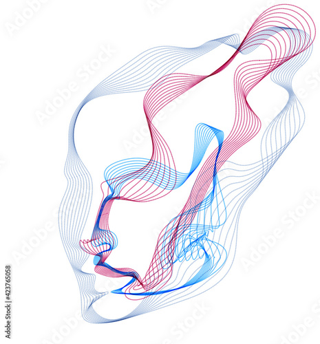 Beautiful vector human face portrait, artistic illustration of man head made of dotted particles array, Artificial Intelligence, pc programming software interface, digital soul.