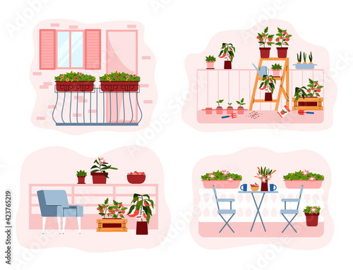 Set of balcony interiors with plants cartoon vector illustration isolated.