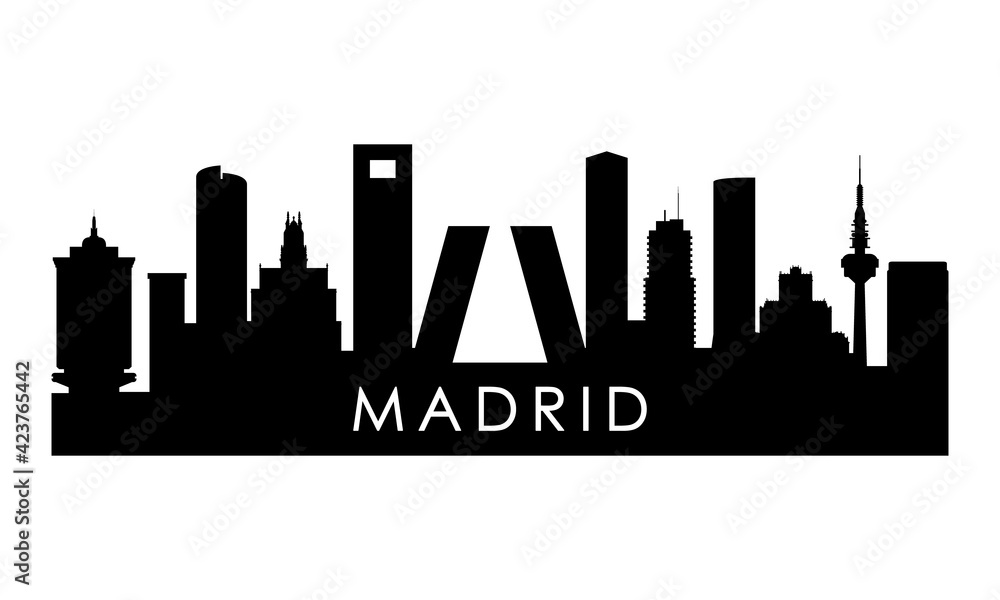 Madrid skyline silhouette. Black Madrid city design isolated on white background.