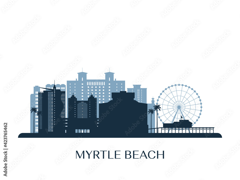 Myrtle Beach skyline, monochrome silhouette. Vector illustration.