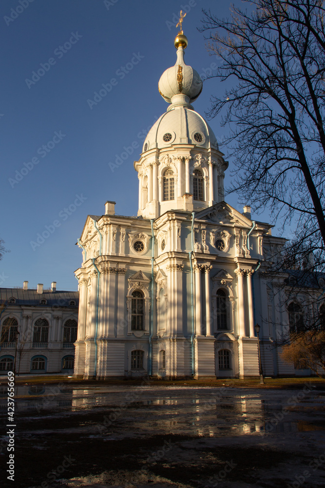 Russian landmark blue and white Smolny Cathedral in early spring, Saint Petersburg, March 2021
