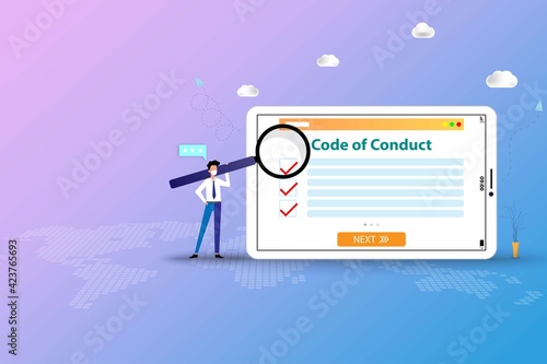 Business concept of code of conduct, business man hold a big magnifier and standing near a big tablet that the display contain code of conduct list to read and understand in pink blue color background