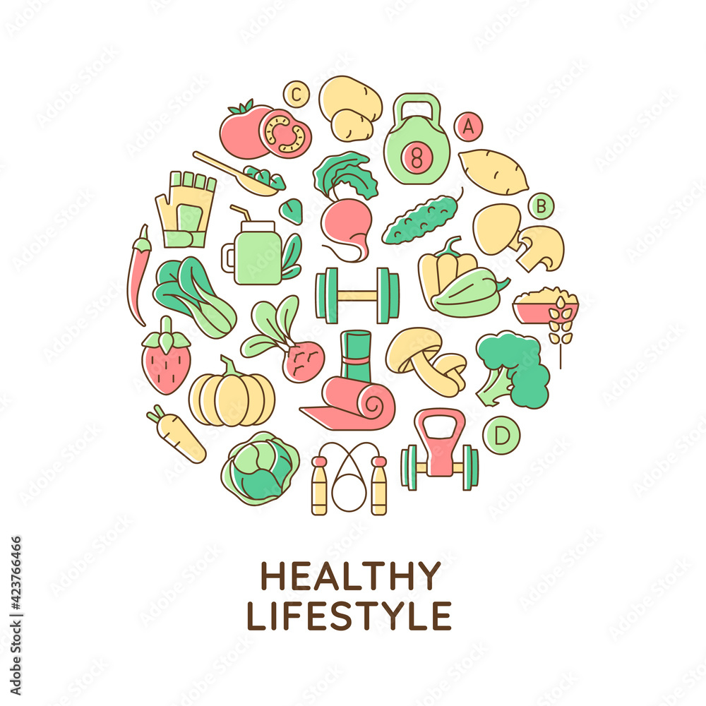 Healthy lifestyle abstract color concept layout with headline. Weight control, stress prevention. Food with vitamins creative idea. Isolated vector filled contour icons for web background