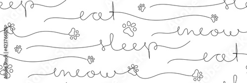 Eat. Sleep. Meow and paws. Continuous one line drawing. Minimalist seamless pattern.