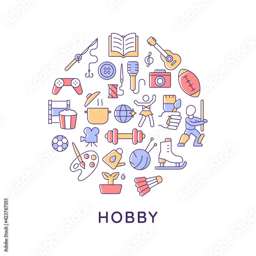 Hobby abstract color concept layout with headline. Spending time. Recreation and entertainment. Play instruments. Pastime creative idea. Isolated vector filled contour icons for web background