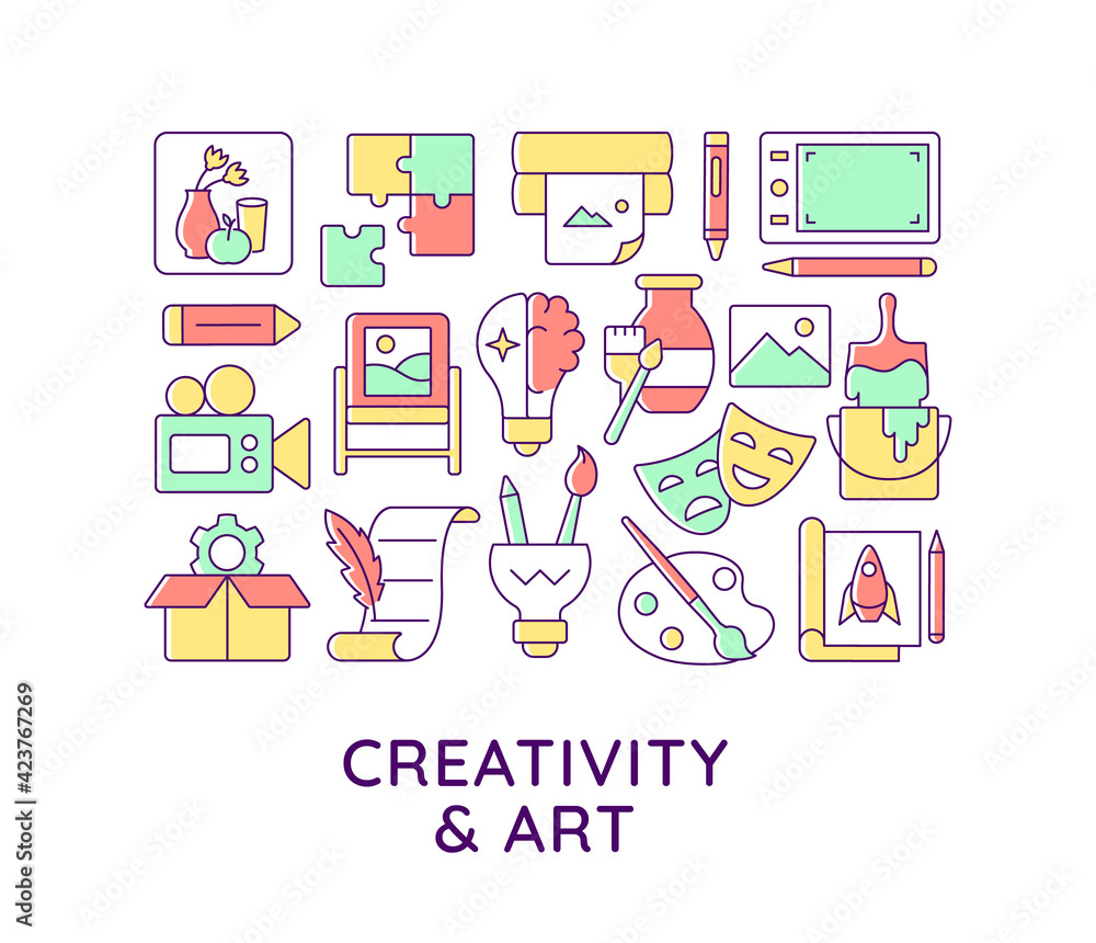 Creativity, art abstract color concept layout with headline. Artistic skill. Potential development. Hobby activity. Inspiration creative idea. Isolated vector filled contour icons for web background