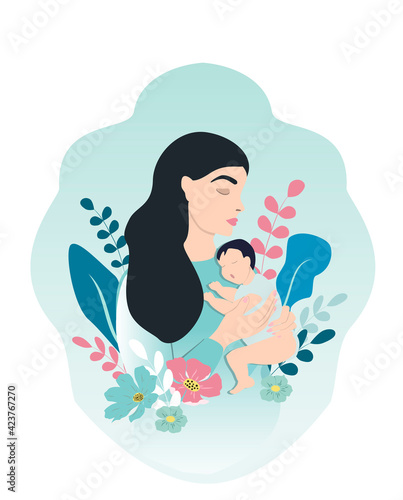 vector hand drawn illustration of a young mother tenderly holding a baby in her arms. mother s day  motherhood  birth. flat trending illustration for websites  magazines  applications
