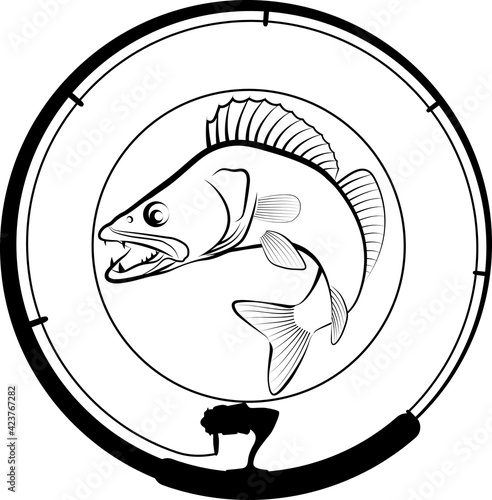 fishing badge with fish and fishing rod