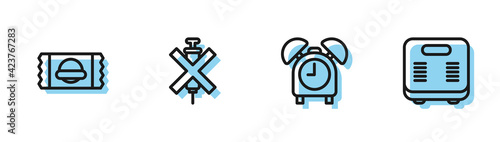 Set line Alarm clock, Sports nutrition, No doping syringe and Bathroom scales icon. Vector