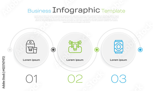Set line Paper package for milk, Bench with barbel and Soda can. Business infographic template. Vector