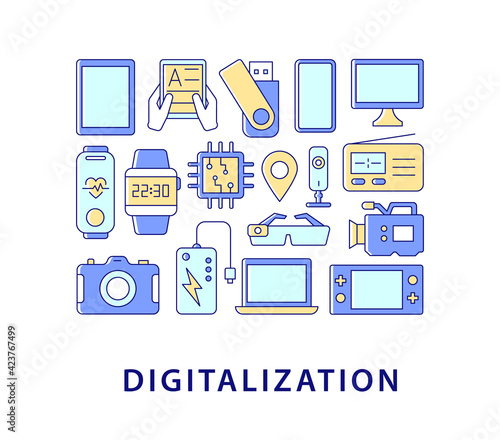 Digitalization abstract color concept layout with headline. Digital transformation. Business digitization. Industry 4.0 creative idea. Isolated vector filled contour icons for web background