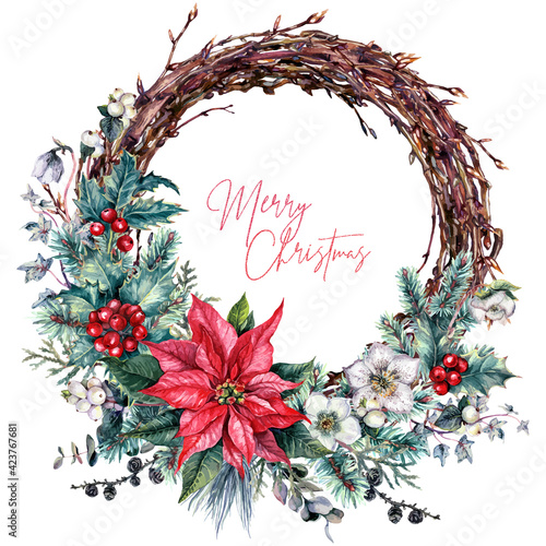 Watercolor Christmas Floral Wreath Isolated on White.