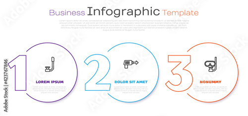 Set line Snorkel, Fishing harpoon and Diving mask and snorkel. Business infographic template. Vector