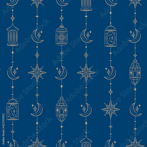 Seamless pattern with lanterns, moons, stars for Ramadan or Ramazan on dark background. Perfect for wallpaper, wrapping paper, greeting cards, Islamic holiday.