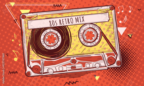 80s retro mix - funky audio cassette, colorful musical design