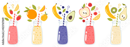 Fresh fruit smoothie recipe set. Glass bottle with drinking straw.  Hand drawn vector illustration isolated on white background. Organic, fresh fruits. Concept for restaurant, cafe, bar menu. 
