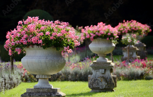 Bild auf Leinwand The beautiful gardens with flowering pots from the Château de Chenonceaux in the