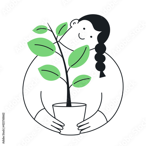 Growing a plant in the flower pot. Cute cartoon woman holding a pot with a green tree that has big leaves. Thin line elegance vector illustration on white.