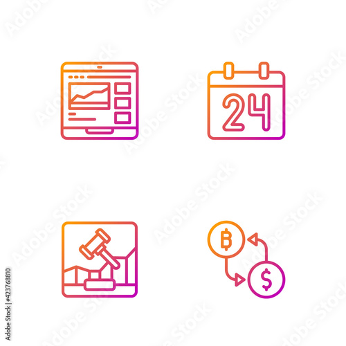 Set line Cryptocurrency exchange, Online internet auction, Trading courses and Calendar. Gradient color icons. Vector