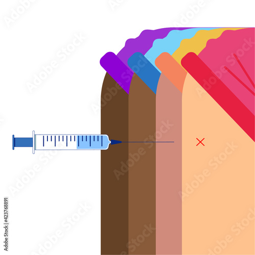 Vaccination people by syringe. An injection dose of the vaccine into the patient's arm. Vaccination, antiviral shot. Injecting vaccinate with a syringe. Hands in surgical gloves. Medicine, flu shot