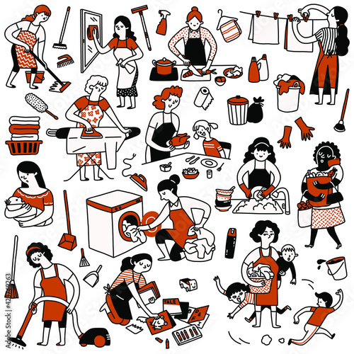 Cute character doodle set of very busy housewife in daily routine activities, cleaning, washing dishes, cooking, ironing, hang dry clothes, shopping, take care children, with household items. 