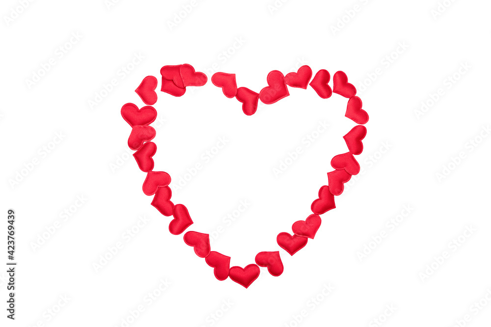 Lots of red heart shaped hearts with copy space on white isolated background. Valentine's day mockup, wedding, birthday. Postcard for the holiday. Flat lay, top view, copy space for text Lots of red heart shaped hearts with copy space on white isolated background. Valentine's day mockup, wedding, birthday. Postcard for the holiday. Flat lay, top view, copy space for text