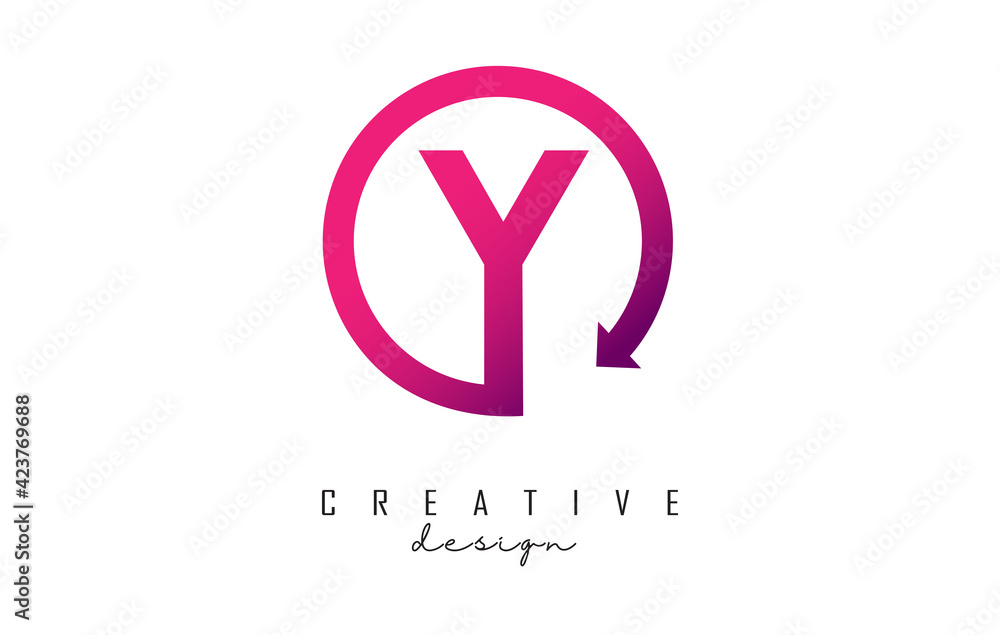 Pink Y letter logo design with circle frame and arrow. Pink Y letter logo design with circle frame and arrow.