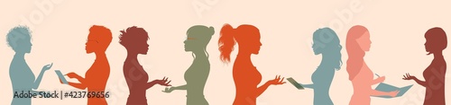 Silhouette group of multiethnic women who talk and share ideas and information. Businesswomen of diverse cultures social network community. Communication and friendship. Racial equality