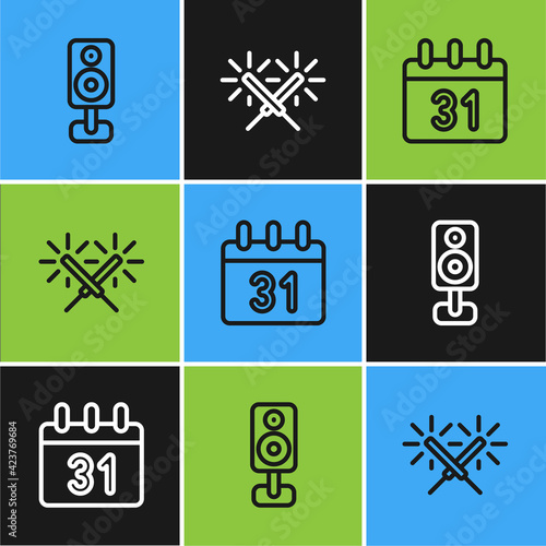 Set line Stereo speaker, Calendar and Sparkler firework icon. Vector