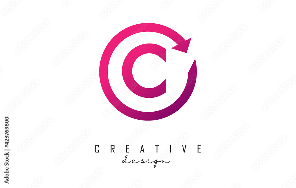 Pink C letter logo design with circle frame and arrow. Pink C letter logo design with circle frame and arrow.