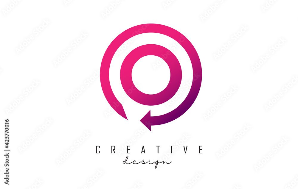 Pink O letter logo design with circle frame and arrow. Pink O letter logo design with circle frame and arrow.
