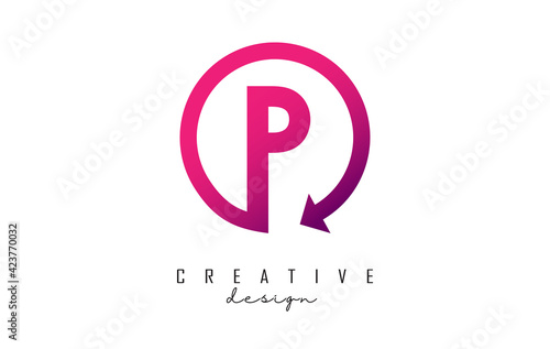 Pink P letter logo design with circle frame and arrow.