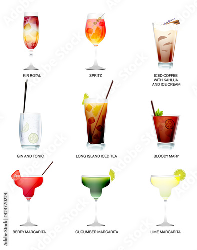 set of popular summer alcoholic cocktails, vector illustration