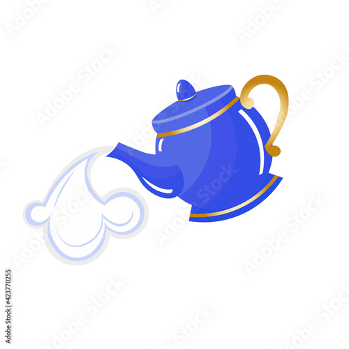 Blue porcelain teapot with steam. Decorated with golden detailes. Alice in Wonderland inspired.