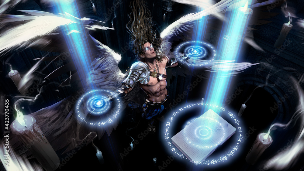Αυτοκόλλητο A handsome long-haired male archangel in armor rises upward, emitting divine magic of light from his hands and a magic book hovering nearby