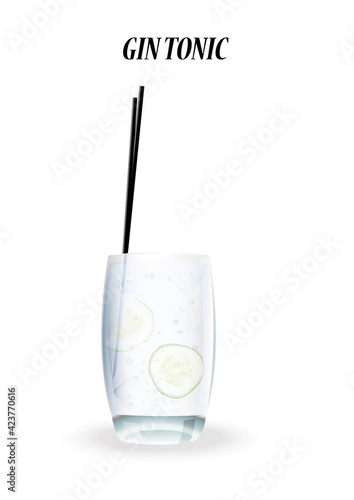 gin and tonic with cucumber on isolated a white background vector. Sparkling water with bubbles.