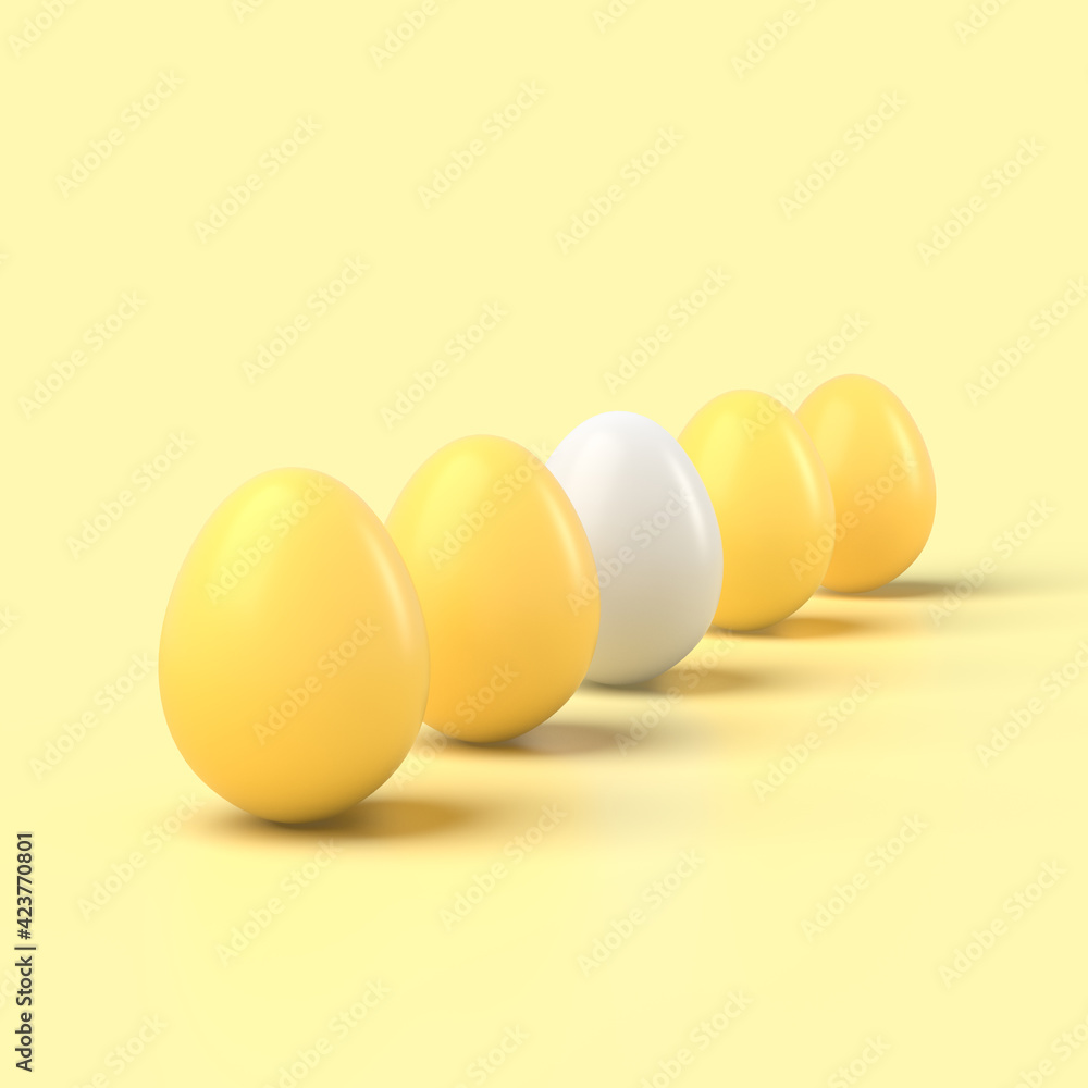 3d simple yellow easter eggs and one white egg on pastel background 3d illustration. Easter holiday. 3d simple yellow easter eggs and one white egg on pastel background 3d illustration. Easter holiday.