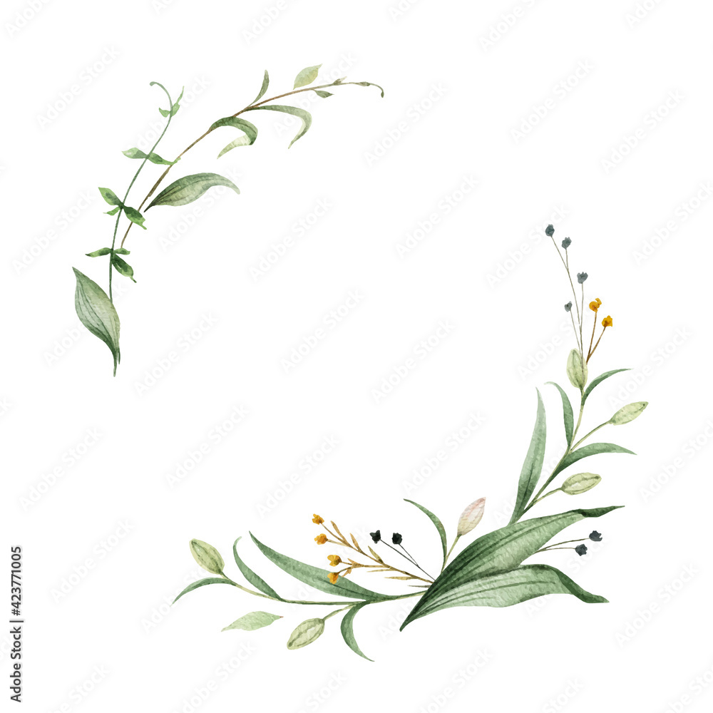 Watercolor vector wreath of green branches and leaves.