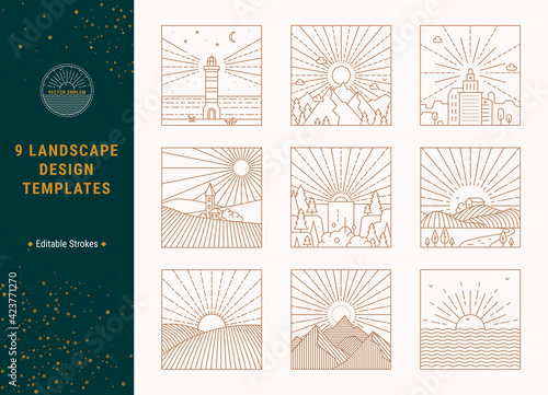 Nature, urban landscape vector illustrations. Travel concept design templates. Outdoor recreation, travelling thin line vector emblem for t-shirt design, web services, mobile app. Editable strokes.