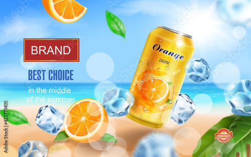 Soft drink orange ads witn orange drink aluminium can, ice cubes on tropical beach vector