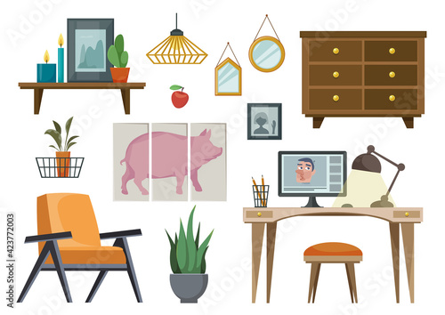 Set of furniture in the Scandinavian fashion. Items for the blogger s office. Vector illustration in cartoon flat style.