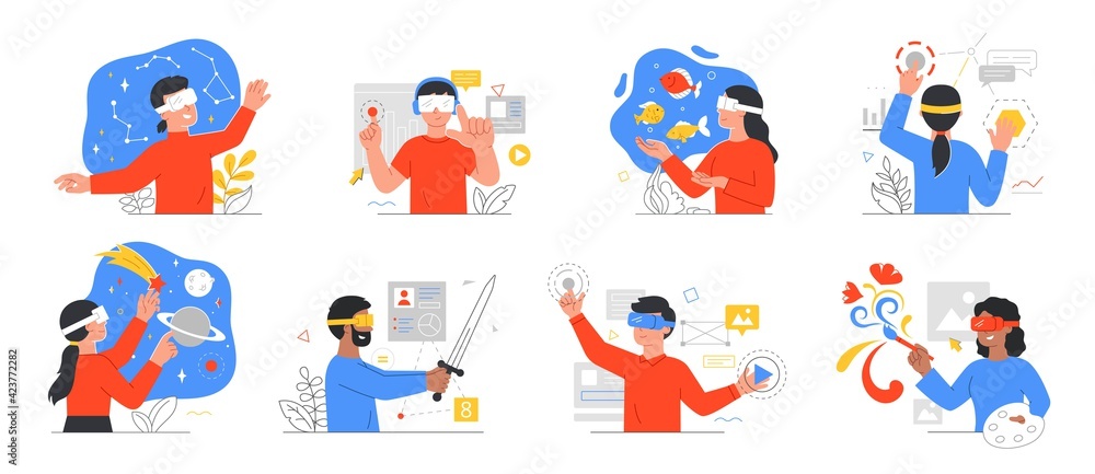 Fototapeta premium Augmented reality application designs with people wearing 3d goggles