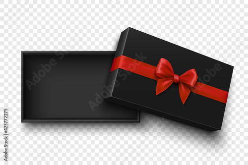 Black open gift box with red bow on transparent background. Package with ribbon. Vector illustration.